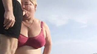 Beachside MILF blows her son-in-law, takes his cumshot in her mouth