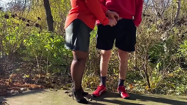 Naughty MILF mom loves my hard dick while I pee outside