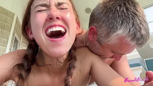 Amateur girl deep throats and squirts tits on tits