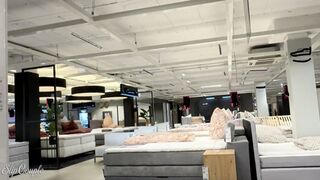 Raunchy afternoon in a furniture store - Squirting handjob, Blowbang and Gangbang