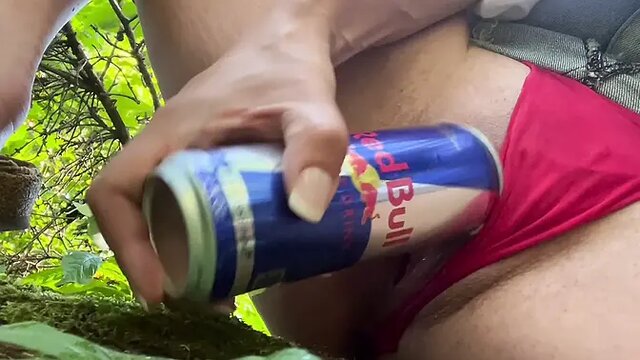 Amateur MILF gets caned in public park by SODA CAN