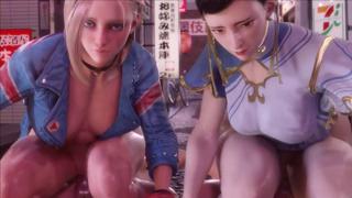 Two nasty girls get wild, banging massive cocks on a public street, rough and intense action.