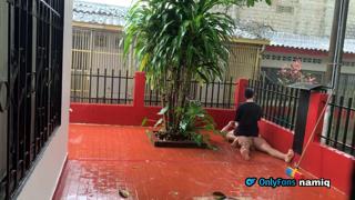 Rainy sidewalk rawdogging: neighbor's secrets exposed by sneaky, soaked and sloppy seductress
