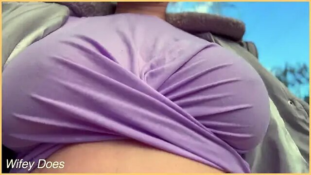 Cheating housewife flaunts big tits in public