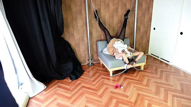 Busty maid gets her open legs spread wide in public