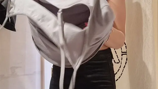 Open curtain &mdash;  flash my breasts in the fitting room