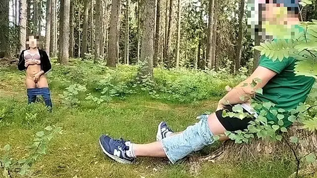 Man flashes in the woods &mdash;  woman watches and touches herself  He joins &mdash;  sucks &mdash;  and I shoot on her chest 