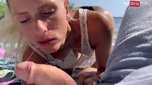 Hot German MILF devours cock outdoors, gets facial cum