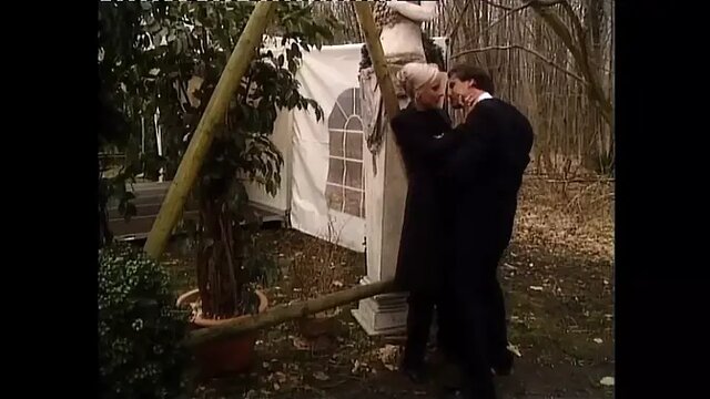 Blonde beauty rides solid cock outside