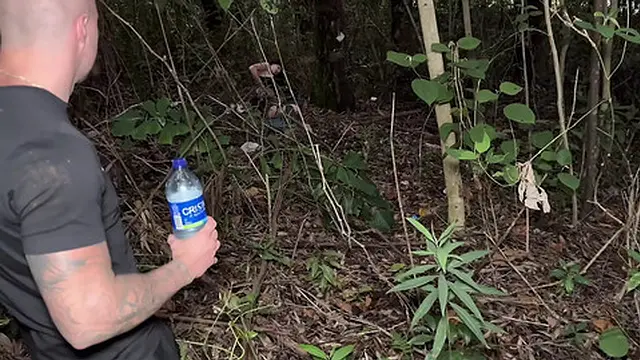 Outdoor threesome involving a brunette and two guys