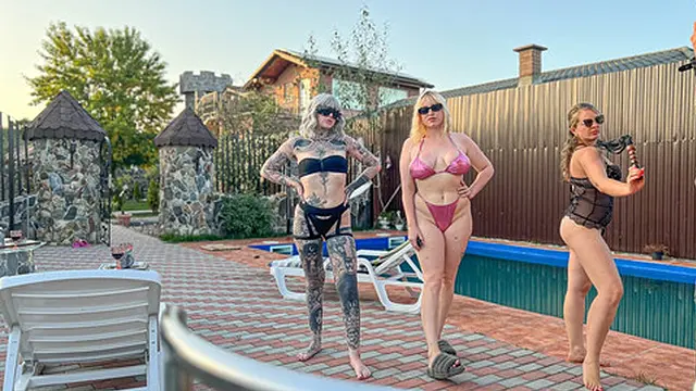 Three lovers get rough in the pool