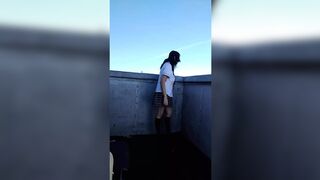 Rooftop horny🥵 flasher shows off hairy pussy✌ publicly