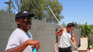 Three pool cleaners get orally and vaginally serviced in an adult content clip