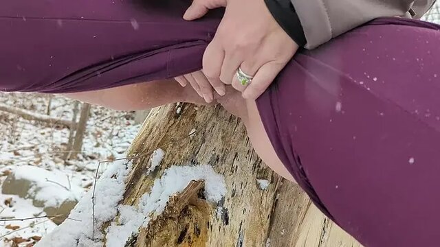 Winter Wood Trail: Girl pees up against a tree