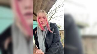 Raunchy Runt lets loose on a stroll, fingering👉 her hairy muff