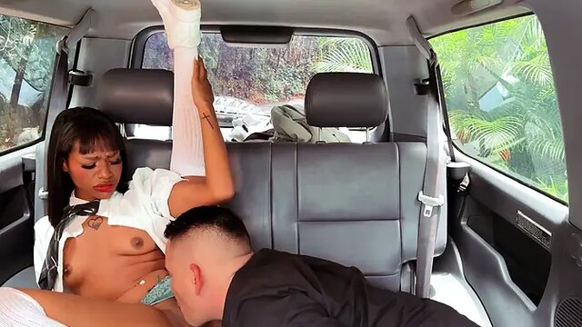 Perverted Professor gives teen brunette a car blowjob