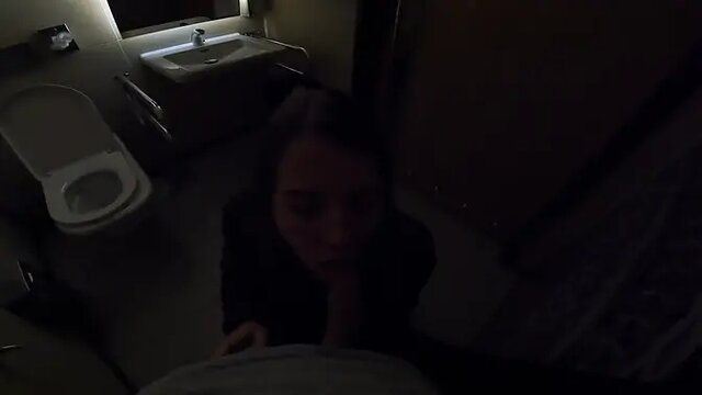 Amateur babe leaves with a wet pussy and swallows cum in public