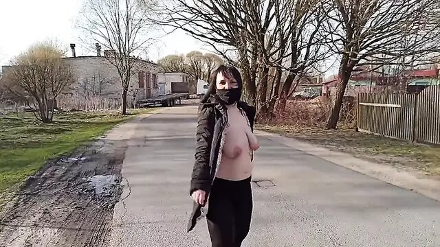 Real amateur wife flaunts giant tits in public