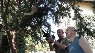 Hot Blonde Threesome Garden Fuck with Mouth Cumming