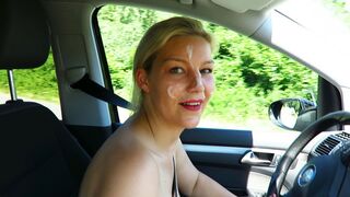 Smeared cum on my face while driving