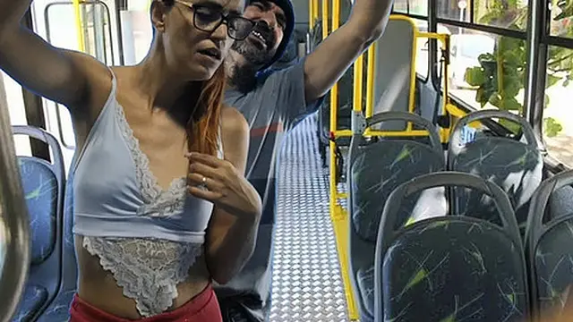 Teen girl rides pervert′s leg on the bus