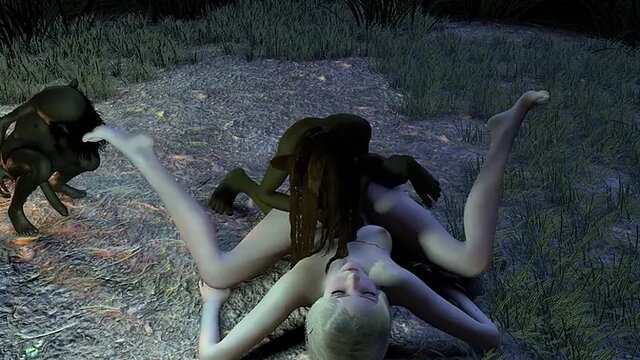 Slutty elf gets double-fucked by goblins in the forest