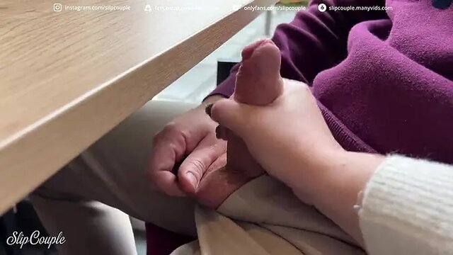 Brave slutty MILF gives perfect handjob under crowded restaurant table