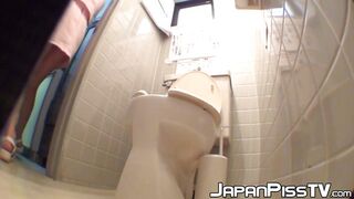 Sexy Japanese ladies urinating in a public restroom