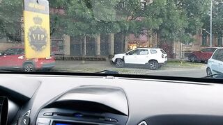 Hot milf in high heels and short skirt calls a taxi and masturbates in the car  Part 1