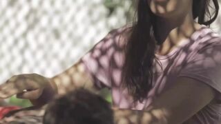 Hot Asian Babe Licks Big Tattooed Man Then Cums Outside