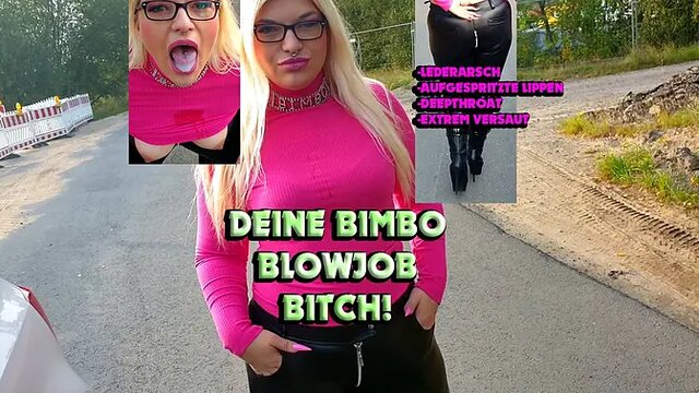 Bimbo slut gives long, really hard blowjob on German street
