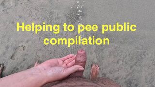 Girl helps to hold the dick while peeing public