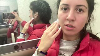 Risky masturbation and pissing in the airplane toilet
