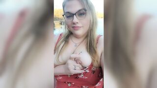Beautiful chubby blonde bbw in dress flashes cute small boobs with big nipples and fat pussy in public outdoors nature trail