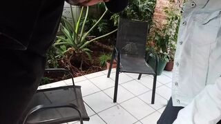 Horny Stepbrother fucks shy virgin stepsister while his friend masturbates and cum on her tits outside in garden