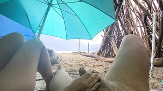 4K! MissCreamy Teacher Handjobs My Cock Under Public Beach Umbrella in Rain!