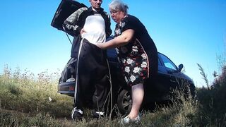my girlfriend holds my dick while I pee and then gives me a blowjob in public