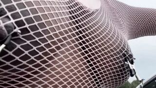 Walking Around in Fishnet Dress Fucking My Pussy on Public Staircase