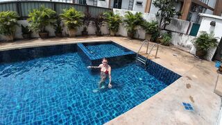 see us diving into the deep —  wet heat of our pool
