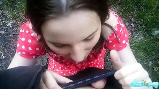 Girl sucks big dick and swallows cum in the forest