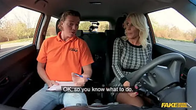 Hot Blonde Cougar rides a driving instructor at fake driving school