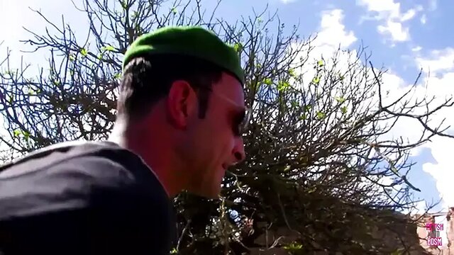 Redhead slut humps soldier in cowgirl position on the mountain