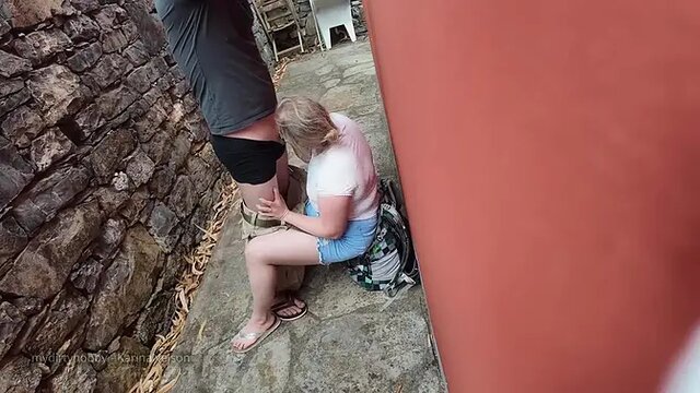 Tatted MILF masturbates with a dildo then gives stranger a sloppy blowjob