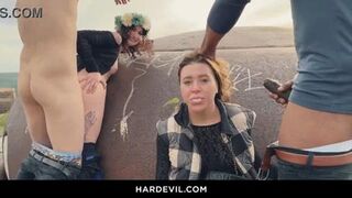 Extremely hot babes Lydia Black and Monika Wild sucking cock outdoors!