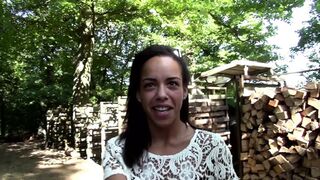 Outdoor threesome bang for sexy brunette