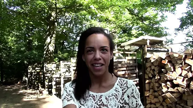 Outdoor threesome bang for sexy brunette