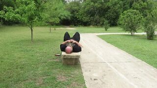Park bench face sitting in my pink lace