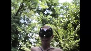 Hot Busty Amateur Masked MILF Masturbates Her Hairy Pussy with a Dildo in the Woods