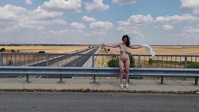 Submissive man punished with naked pussy display on the highway