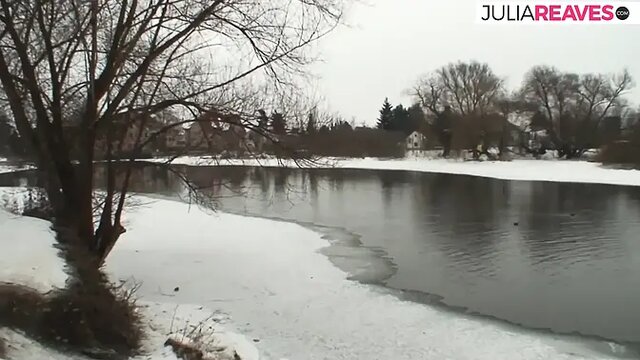 German blonde slut rides a fat cock in the snow